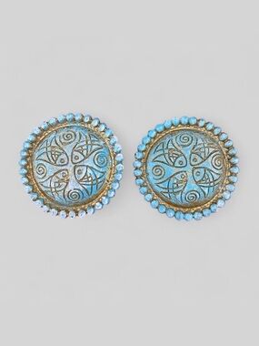 Turquoise Gold Fish Clip On Earrings Boho Coastal Resort Statement Jewelry